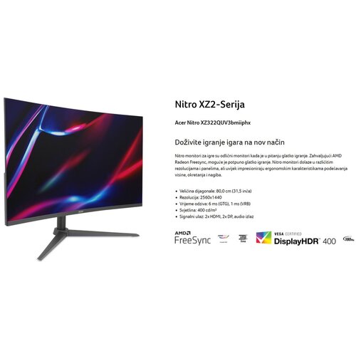 Acer 32” Nitro XZ2 QHD 180Hz 31.5”,VA,400cd,1ms,HDMIx2,DP,SPK+Audio out,Tilt,Swiwel,HA,VESA,Crna Cijene