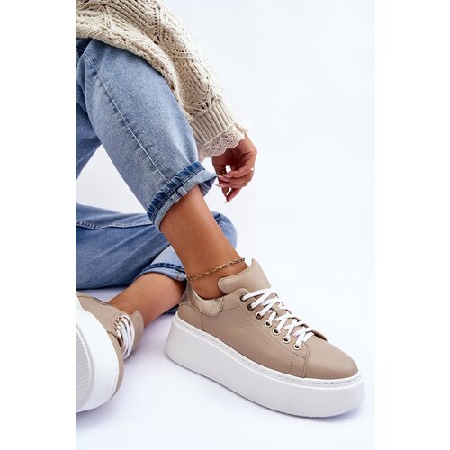Boto Women&amp;#039;s Leather Platform Sport Shoes Beige Lemar 10150 Slike