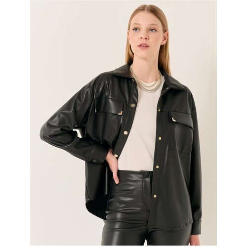 Jimmy Key Black Long Sleeve Stylish Leather Shirt Jacket Slike