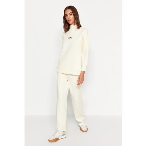 Trendyol Beige Diver/Scuba Knitted Tracksuit Set With Embroidery Cene