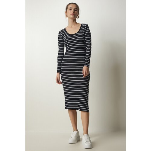 Happiness İstanbul Women's Black Striped Slit Wrap Knitted Dress Slike