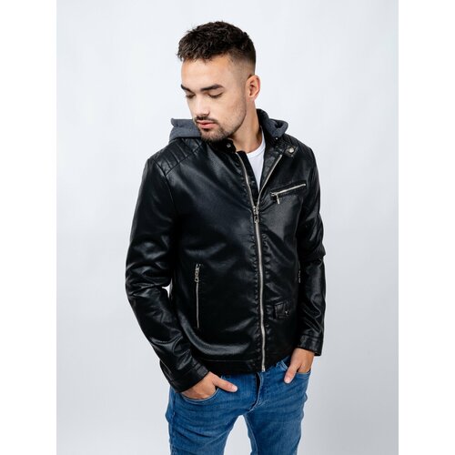 Glano Men's Leatherette Hooded Jacket - Black Slike
