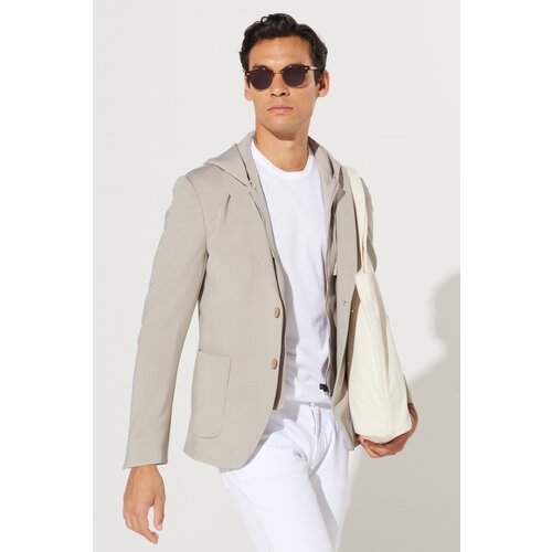 ALTINYILDIZ CLASSICS Men's Beige Slim Fit Slim Fit Mono Collar Cotton Patterned Jacket Slike