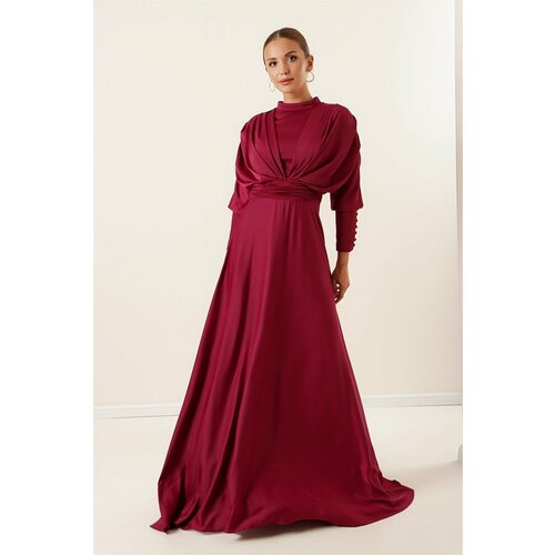 By Saygı Front Back Pleated Sleeves Button Detailed Lined Long Satin Dress Fuchsia. Slike