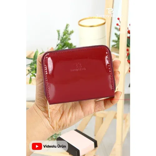 Tonny Black Original Women's Card Holder Coin Compartment Zippered Comfort Model Mini Card Holder Wallet Cherry Red
