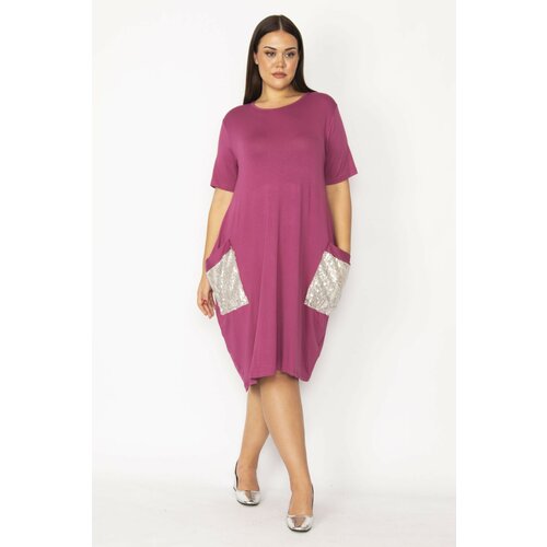 Şans Women's Plus Size Lilac Pocket Sequin Detail Viscose Dress Slike