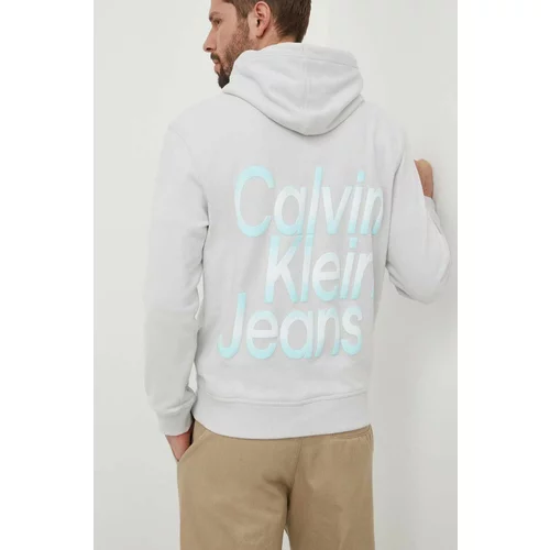 Calvin Klein Jeans Bombažen pulover moška, siva barva, s kapuco