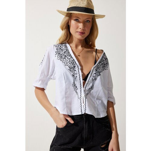 Happiness İstanbul Women's White Embroidered Balloon Sleeve Linen Blouse Cene