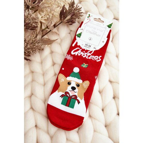 Kesi Women's Christmas socks with a dog, red Slike