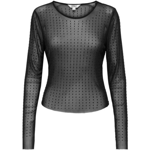 Only Majice z dolgimi rokavi Onlhilen Ls Rhinestone Mesh Top Wvn 15358317 Črna Slike