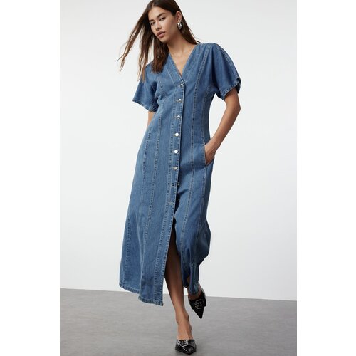 Trendyol Blue Stitching Detailed Maxi Denim Dress Slike