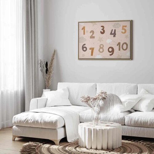  Slika - Jumping Numbers - Numbers in a Subdued Beige-Brown Hue Among Snowflakes Stars and Clouds 60x40 U prirodnom drvenom okvir Slike