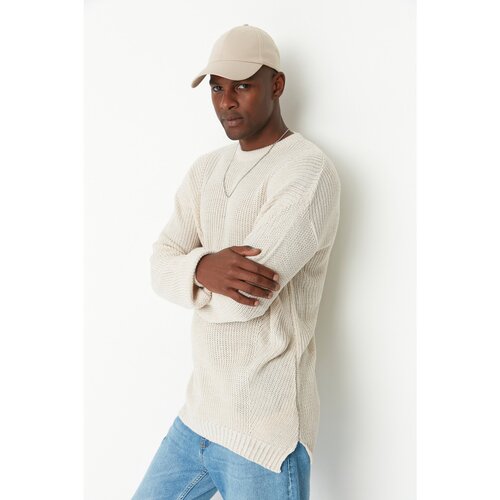 Trendyol Beige Men&amp;#039;s Oversize Fit Wide Fit Crew Neck Slit Knitwear Sweater Slike