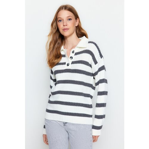 Trendyol Ecru Striped Polo Neck Knitwear Sweater Slike