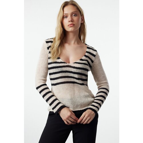 Trendyol Beige Soft Textured Loose Knit Striped Sweater Slike