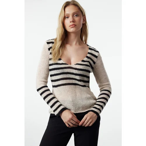 Trendyol Beige Soft Textured Loose Knit Striped Sweater