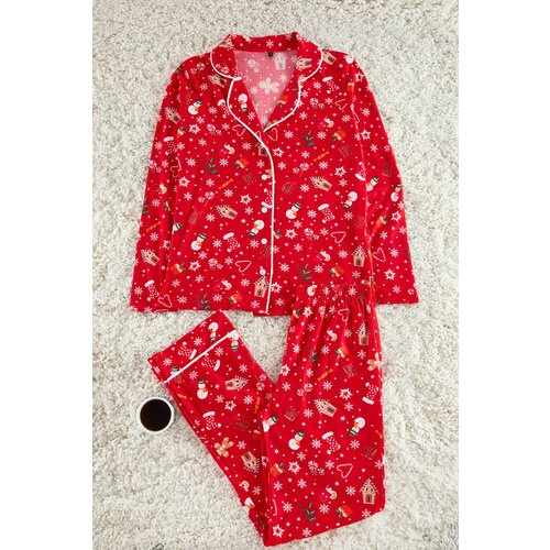 Trendyol Red Soft Feeling Christmas Themed Shirt-Pants Knitted Pajama Set Cene