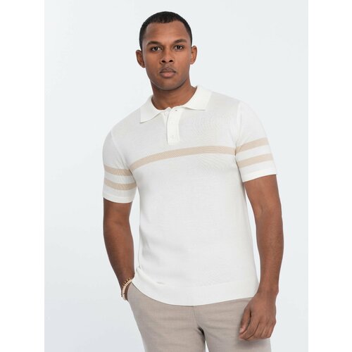 Ombre Men's soft knit polo shirt with contrasting stripes - cream Slike