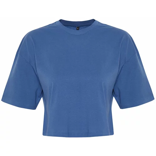 Trendyol Indigo 100% Cotton Crop Knitted T-Shirt with Pockets and Embroidery Detail