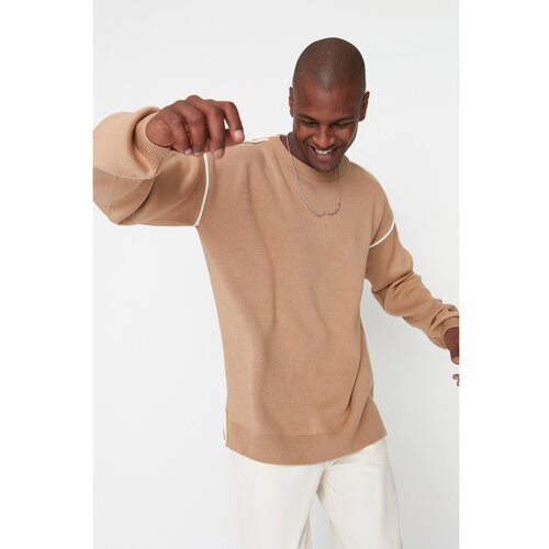 Trendyol Camel Men's Oversize Crew Neck Bias Detailed Knitwear Sweater Slike