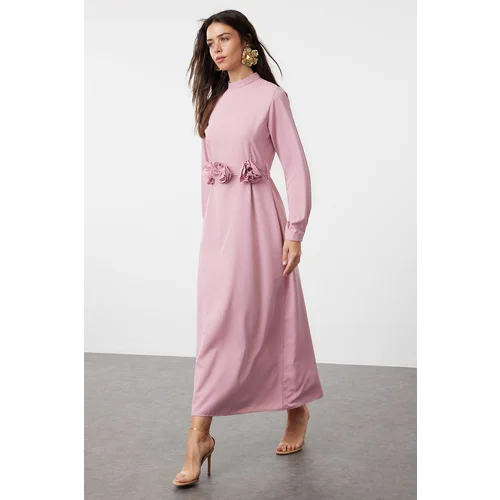 Trendyol Dusty Rose Belted Rose Detailed Satin Woven Dress