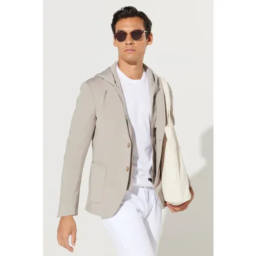 ALTINYILDIZ CLASSICS Men's Beige Slim Fit Slim Fit Mono Collar Cotton Patterned Jacket