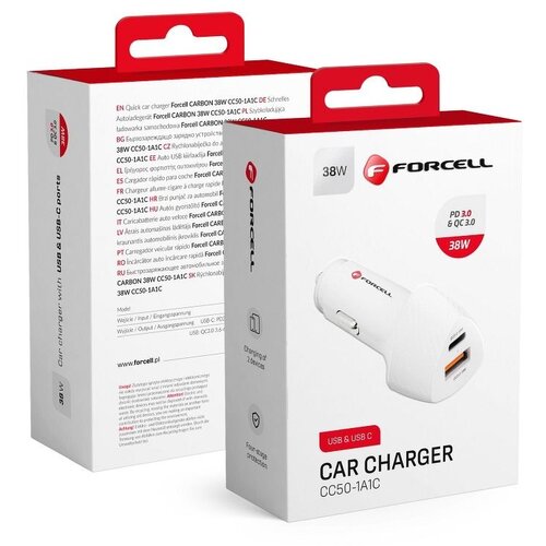 forcell auto punjač  carbon CC50-1A1C type-c 3.0 PD20W + usb qc 3.0 18W 5A (total 38W) beli Cene