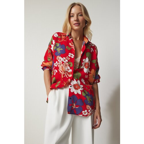  Women&amp;#039;s Orange White Patterned Oversized Flowy Viscose Shirt Slike