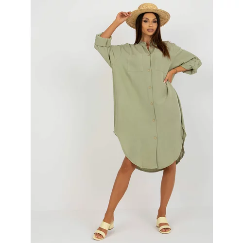 Fashion Hunters Light green midi dress with stand-up collar by OCH BELLA