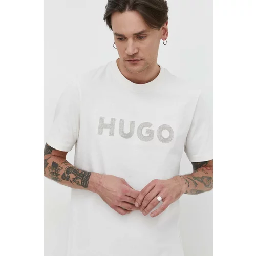 Hugo Pamučna majica za muškarce, boja: bež, s aplikacijom