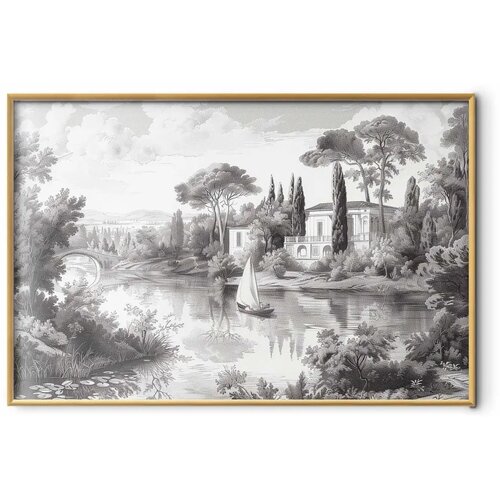  Plakat - Black-and-White Vintage Landscape with a Pond 42x29.7 Zlatni okvir Slike