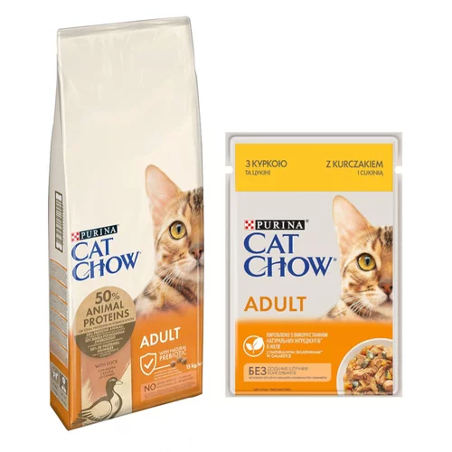 Cat Chow 10kg /15kg PURINA + 26x 85g mokre hrane gratis! - 15 kg Adult pačetina + Piletina