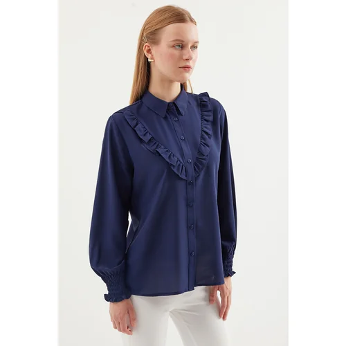 Bigdart 20223 Ruffled Long Sleeve Shirt - Navy Blue