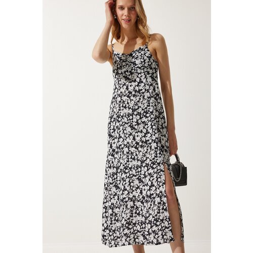  Women&amp;#039;s Black and White Strap Patterned Viscose Dress Slike