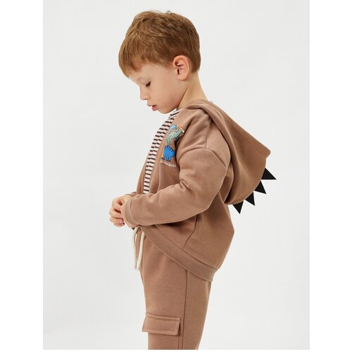 Koton Dinosaur Sweatshirt Hooded Applique Detail Zippered Raised Slike
