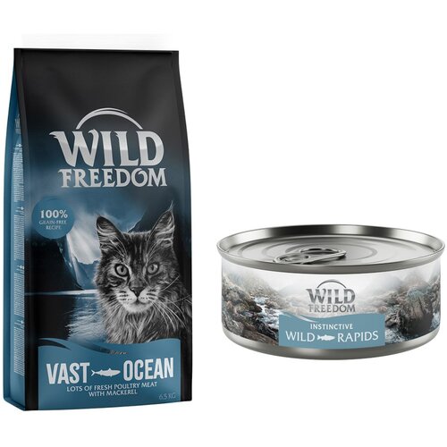 Wild Freedom suha mačja hrana 6,5 kg + WF Instinctive mokra mačja hrana 6 x 70 g po posebni ceni! - Adult "Vast Oceans" s sku&scaron;o - recept brez žit 6,5 kg + Instinctive Wild Rapids - losos 6 x 70 g Cijene