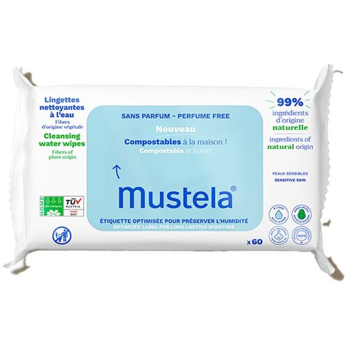 Mustela&amp;reg; Compostable at Home Cleansing Wipes Perfume Free maramice za či&amp;scaron;ćenje bez parfema za djecu od rođenja 60 kom Slike