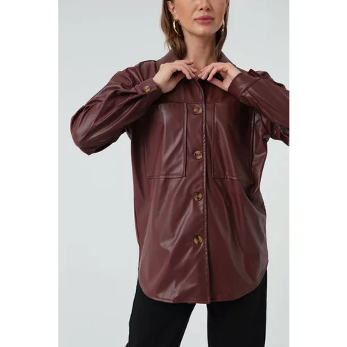 Lafaba Women's Claret Red Faux Leather Shirt