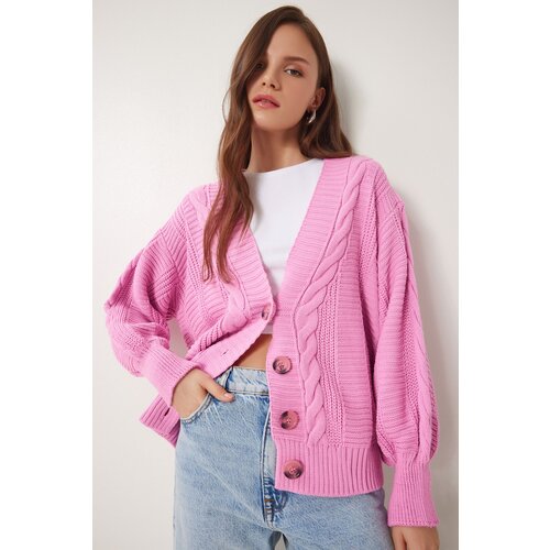 Happiness İstanbul Women's Pink Braided Balloon Sleeve Loose Knitwear Cardigan Slike