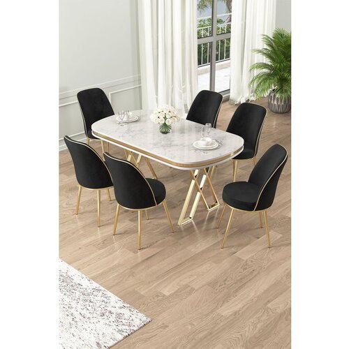 Hanah home Lai - White, Gold, Black WhiteGoldBlack Dining Table & Chairs Set (7 Pieces) Cene