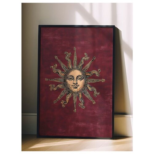 Wallxpert uramljena slika 115256, zlatno sunce sa licem na bordo pozadini, 30 x 40 cm, crni ram Slike