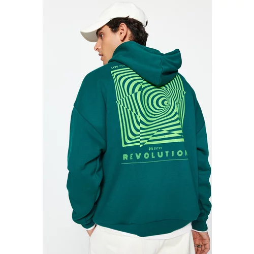 Trendyol Dark Green Men's Oversized Hooded Labyrinth Printed Sweatshirt with a Soft Pile Inside.