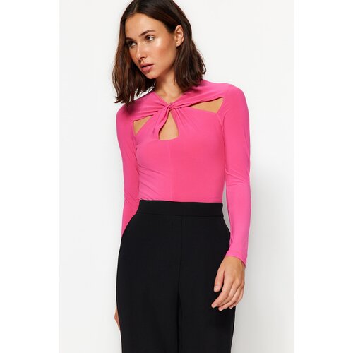 Trendyol Fuchsia Cut Out and Shirring Detailed Fitted/Sleepy, Flexible Knitted Body with Snap Snaps Slike