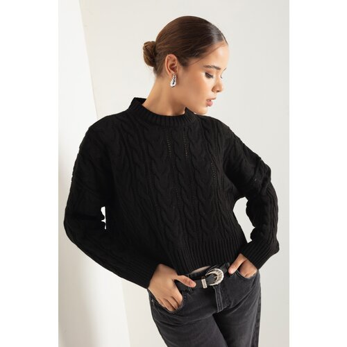 Lafaba Women's Black Crew Neck Hair Braided Knitwear Sweater Slike