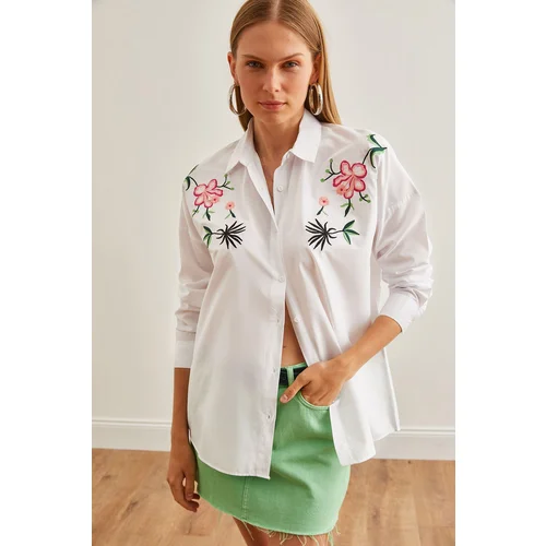 Olalook Women's Lily White Embroidery Detailed Oversize Woven Shirt