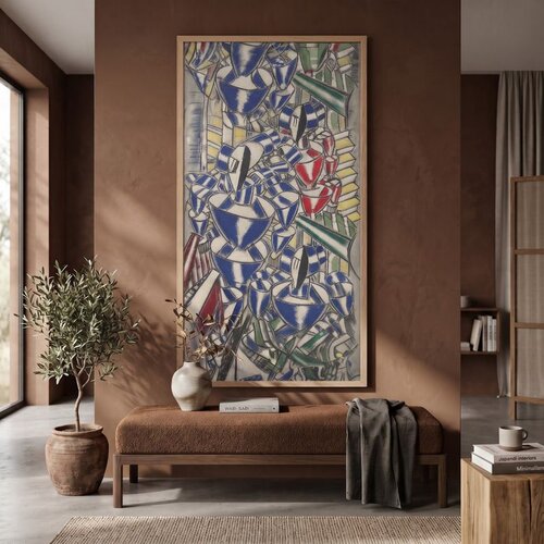 Wallxpert uramljena MDF slika ARTSNTMDL18, kubistička kompozicija sa plavim, crvenim i zelenim oblicima, 33 x 70 cm Slike