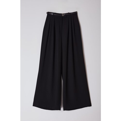 Trendyol Black Belted Pleated Wide Leg/Extra Wide Leg Woven Trousers Slike