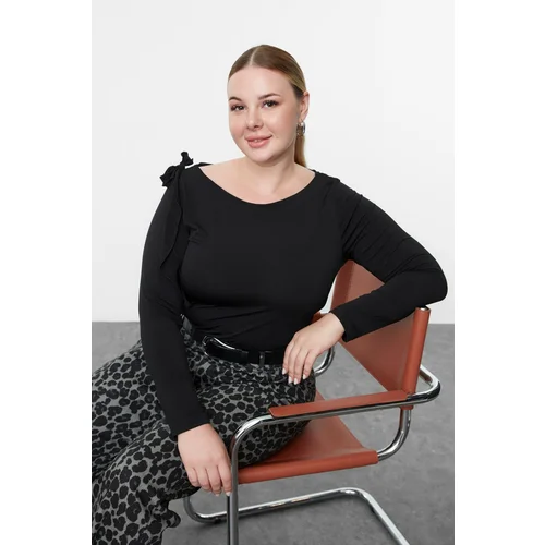 Trendyol Curve Black Rose Detailed Knitted Plus Size Blouse