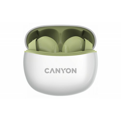 Canyon TWS-5, bluetooth headset, with microphone, bt V5.3 jl 6983D4, frequence Response:20Hz-20kHz, battery earbud 40mAh*2+Charging case 500mAh, type-c cable length 0.24m, size: 58.5*52.91*25.5mm, 0.036kg, green Slike