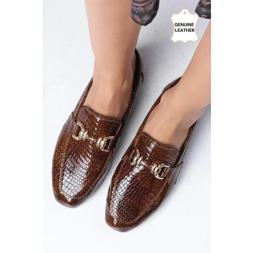 Mio Gusto Jordane Genuine Leather Brown Animal Patterned Flat Toe Women's Loafer Shoes